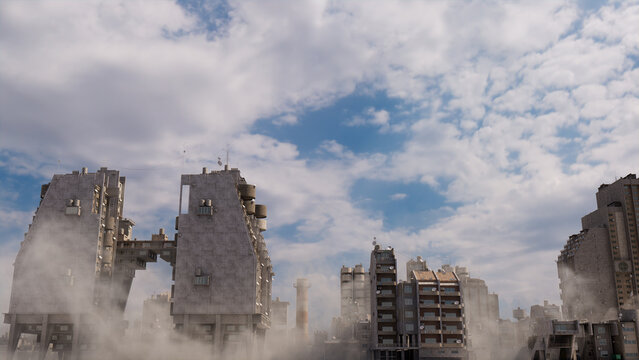 Constructivist Metropolis. Soviet Modernist Buildings against a Cloudy Afternoon Sky.