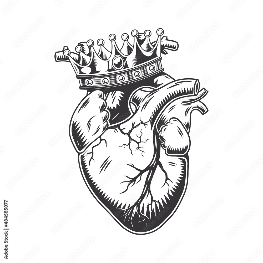 Wall mural king heart anatomically hand drawn line art. vintage flash tattoo or print design vector illustratio