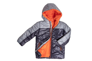 Winter jacket. Close-up of a stylish cosy warm silver black down jacket with orange lining for kids...