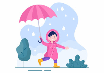 Obraz na płótnie Canvas Cute Kid Wearing Raincoat, Rubber Boots and Carrying Umbrella In the Middle of Rain Showers. Flat Background Cartoon Vector Illustration for Banner or Poster