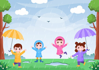 Obraz na płótnie Canvas Cute Kid Wearing Raincoat, Rubber Boots and Carrying Umbrella In the Middle of Rain Showers. Flat Background Cartoon Vector Illustration for Banner or Poster