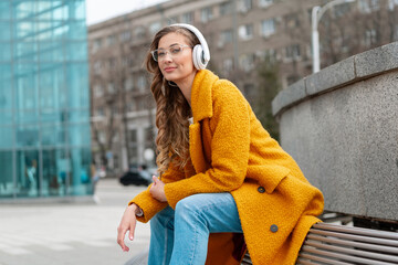 Woman Eyeglasses Listen Music Headphone Outdoor