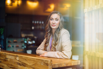 Business Woman Sitting Cafe Behind Window Waiting Business Partner