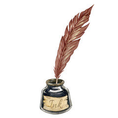 Watercolor illustration of vintage feather pen and inkwell isolated on white background.