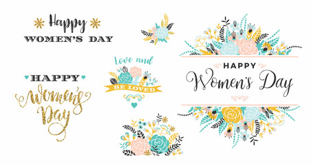 Fototapeta na wymiar Happy Womens Day. Illustrations of flowers and inscriptions. Vector clipart.