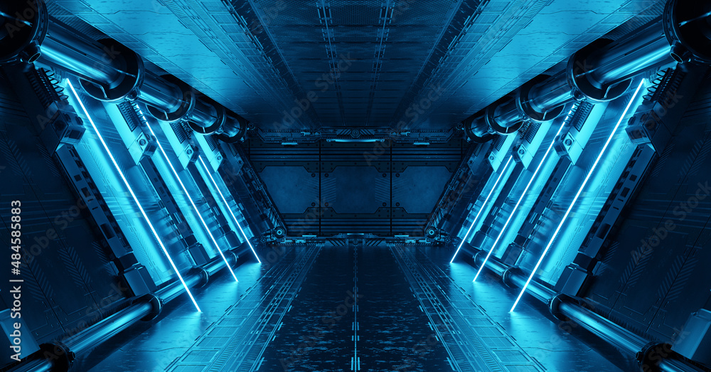 Aufkleber blue spaceship interior with neon lights on panel walls. futuristic corridor in space station backgr