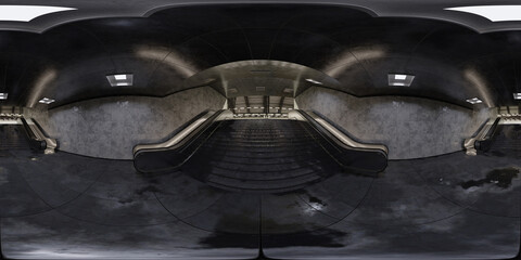 Hdri of realistic underground subway station background with wet reflecting floors. Futuristic metro interior with glowing lights and escalators. 3D Rendering