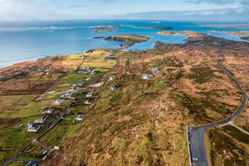Sky road car park and stunning view on beautiful nature scene. Aerial view. Clifden, county Galway,...