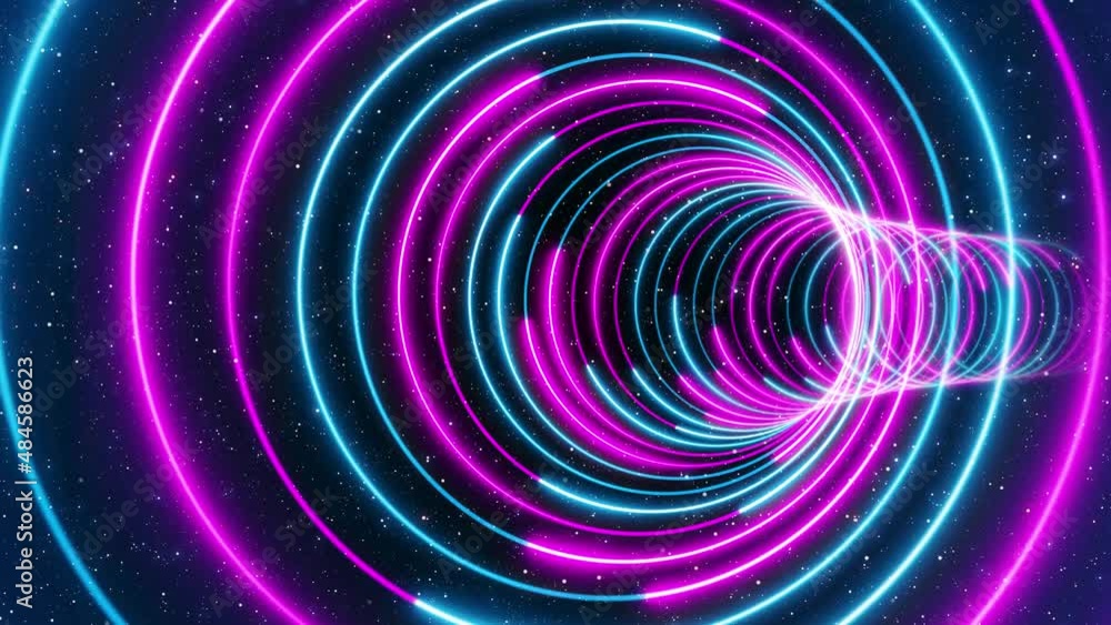 Poster abstract futuristic blue purple circle lines neon light curved tunnel with glitter dust particles ba
