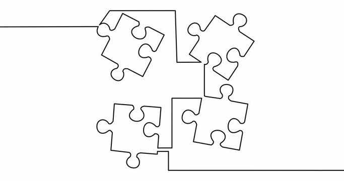 Self drawing continuous one single line animation four pieces of jigsaw puzzle concept