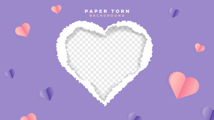 Editable purple torn paper design with love shaped blank space to insert text, products, or photos