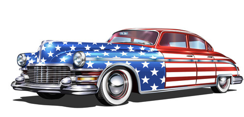 Cars painted up as American flags isolated on white background. 