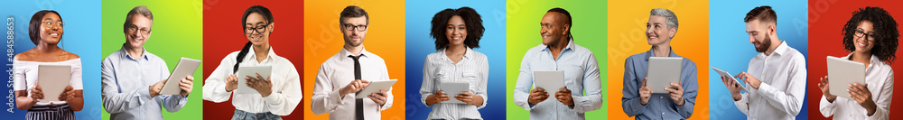 Poster Portraits of different multiethnic people with digital tablets posing on multicolored background