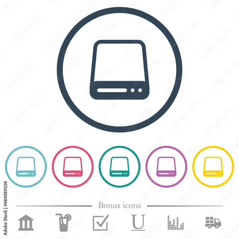 Poster hard disk drive flat color icons in round outlines