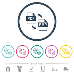 PDF BMP file conversion flat color icons in round outlines