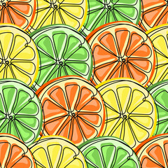 Fototapeta na wymiar Seamless pattern of citrus slices of orange, lemon and lime. Hand drawn fruit background. Print for fabric, textiles, wrapping paper, web. Vector illustration