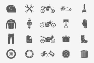 Moto Icons set - Vector silhouettes of motorcycle, engine, wheel, helmet and other parts and accessories for the site or interface