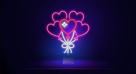 Fototapeta na wymiar Glowing neon Valentine's Day sign with heart-shaped balloons on strings on a dark background. Vector illustration of a Valentine's Day greeting card in neon style.
