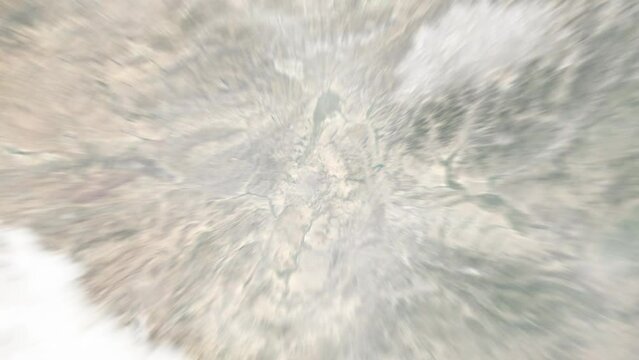 Earth zoom in from outer space to city. Zooming on Kabul, Afghanistan. The animation continues by zoom out through clouds and atmosphere into space. View of the Earth at night. Images from NASA. 4K