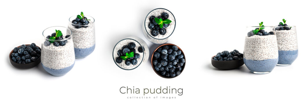 Chia pudding with blueberries isolated on white background. Chia pudding, mint and blueberries. © jul_photolover