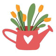 Yellow tulips in a vase with a heart. Flat illustration isolated on white background 