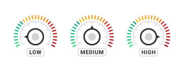 Speedometer, tachometer, rotation meter. Performance measurement. Risk meter. Level meter. Vector illustration