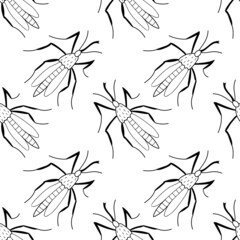 Vector seamless pattern of black outline mosquitos, moths, beetles in doodle sketch style. Simple texture with insects, bloodsuckers, pests