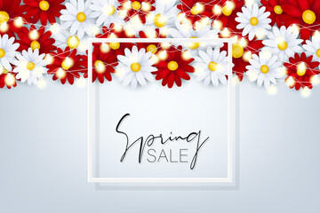 Spring sale banner background or wallpaper. Tender white and red daisy flowers under garland lights in a frame. Vector illustration.
