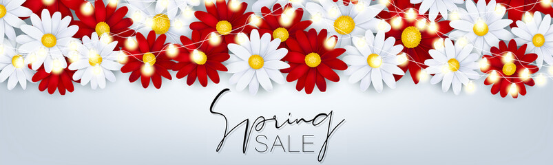 Spring sale banner or newsletter header. Tender white and red realistic daisy or gerbera flowers. Floral promo design. Vector illustration.