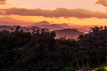 Background of mountains and nature surrounded, bright blue sky wallpaper. There are trees, green leaves, a beautiful ecology.