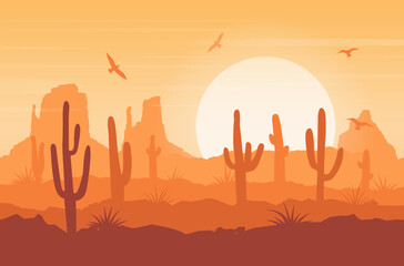 Desert landscape background with dunes, cacti, sun
and birds. Silhouette of desert and cacti. Sunset in the desert. Vector illustration - obrazy, fototapety, plakaty
