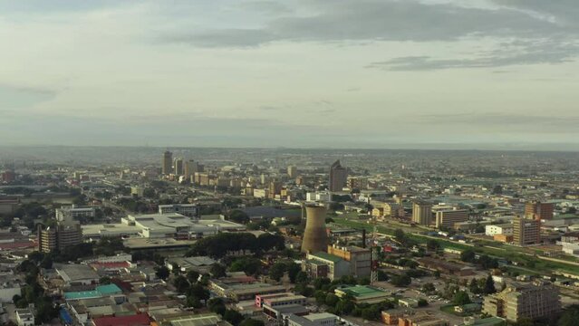 Aerial view Lusaka Zambia. Downtown downtown cityscape with high rise buildings and white areas roads and streets of high rise buildings in Africa.