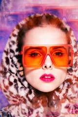 fashionable woman in orange glasses and leopard hood with pink lipstick on her lips