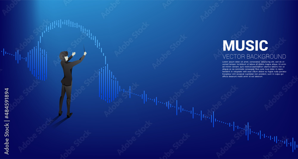 Poster vector silhouette of conductor standing with headphone music equalizer background. concept backgroun