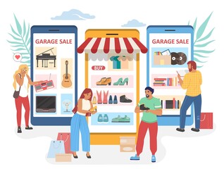 Garage sale app to shop and sell used clothes and items, vector illustration. Online flea market.