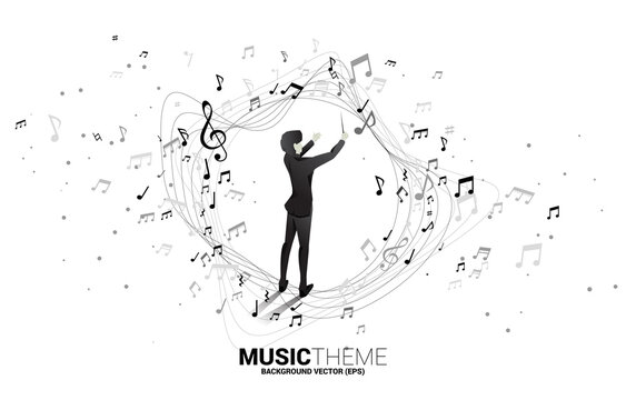 Vector silhouette of conductor standing with flying music note . Concept background for orchestra concert and recreation.