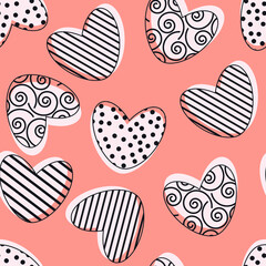 seamless pattern with doodle dotted and striped hearts with black outline on pink background