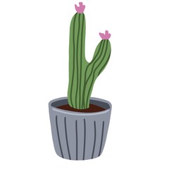 Green cactus in a gray pot. Flat illustration isolated on white background