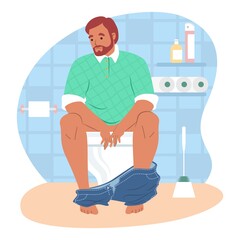 Man sitting on toilet bowl, vector illustration. Toilet routine.