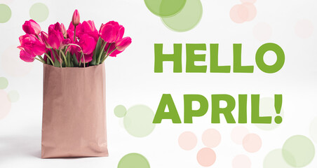 Pink tulips in a craft bag on a white background with text Hello Arpil.