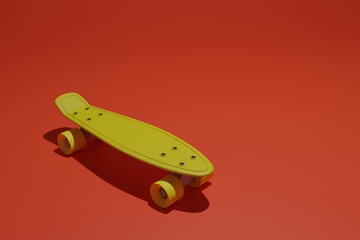 Yellow skateboard on red background, 3d rendering