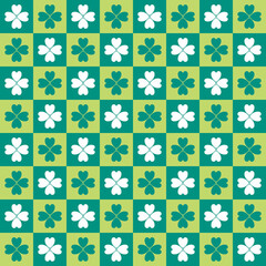 Green seamless pattern st Patric day background with shades of green and white clover lucky leaf in checked pattern vector