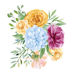 Watercolor floral bouquet illustration with purple pink blue yellow flowers, wild flowers, green leaves, foliage, branches for wedding stationery, greeting card, baby shower, banner, logo design.
