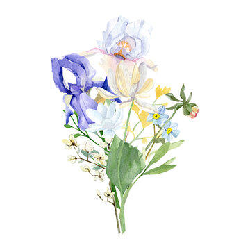 Watercolor floral bouquet illustration with violet pink blue yellow white flowers, wild flowers, green leaves, foliage, branches for wedding stationery, greeting card, baby shower, banner, logo design