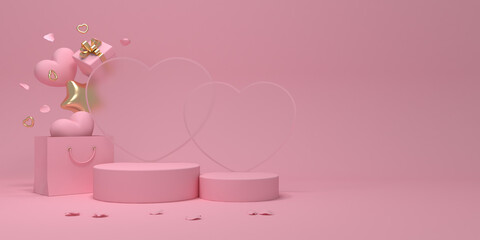 Fototapeta na wymiar Happy Valentine's Day. Horizontal template poster, greeting card, headers for website. Hearts and stars fly out of the package. Frosted glass on the podium. Product mockup. 3D rendering. 