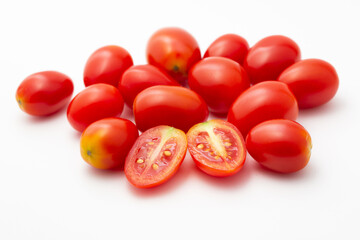 Fresh cherry tomatoes, grape tomatoes vegeatable or fruit isolated in white background.