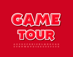 Vector bright concept sign Game Tour with Red Alphabet Letters and Numbers set. Shiny bright Font