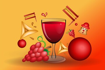 אוזני המן ורעשנים פרצוף ועיגולים על רקע צהוב - מודרני