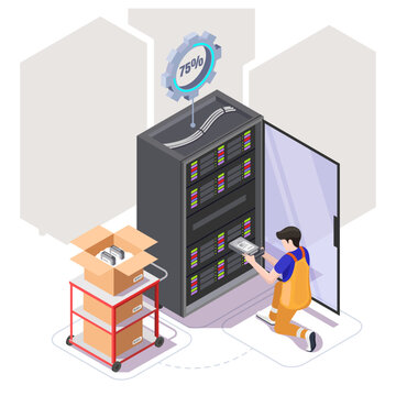 Engineer fixing server network in data center, vector isometric illustration. Server maintenance and repair services.