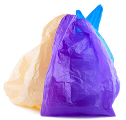 Three plastic bags, empty purchases on white background. Object is isolated on white background. Plastic bags cause serious environmental problems